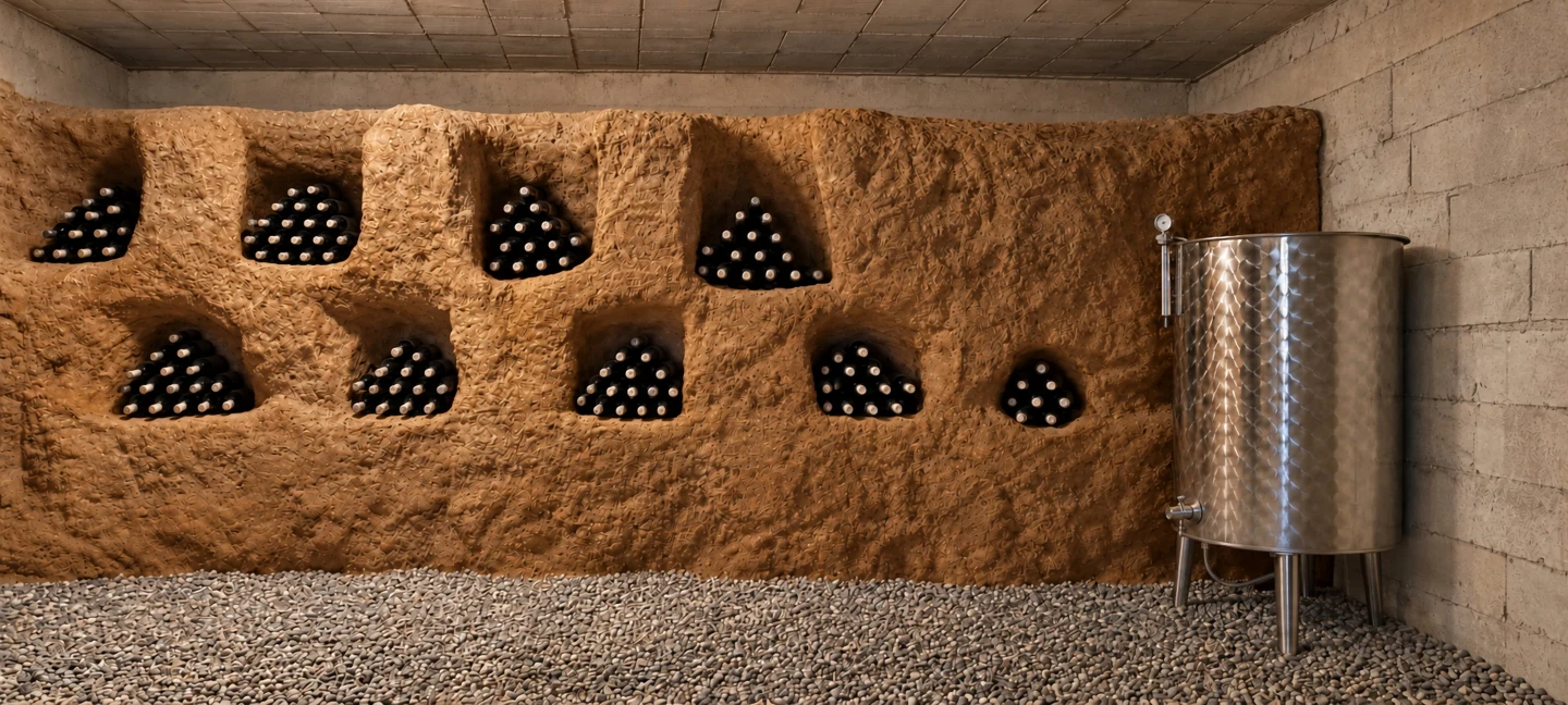 Bottles resting in niches in the clay wall, beside a stainless steel tank in the Ponzio cellar