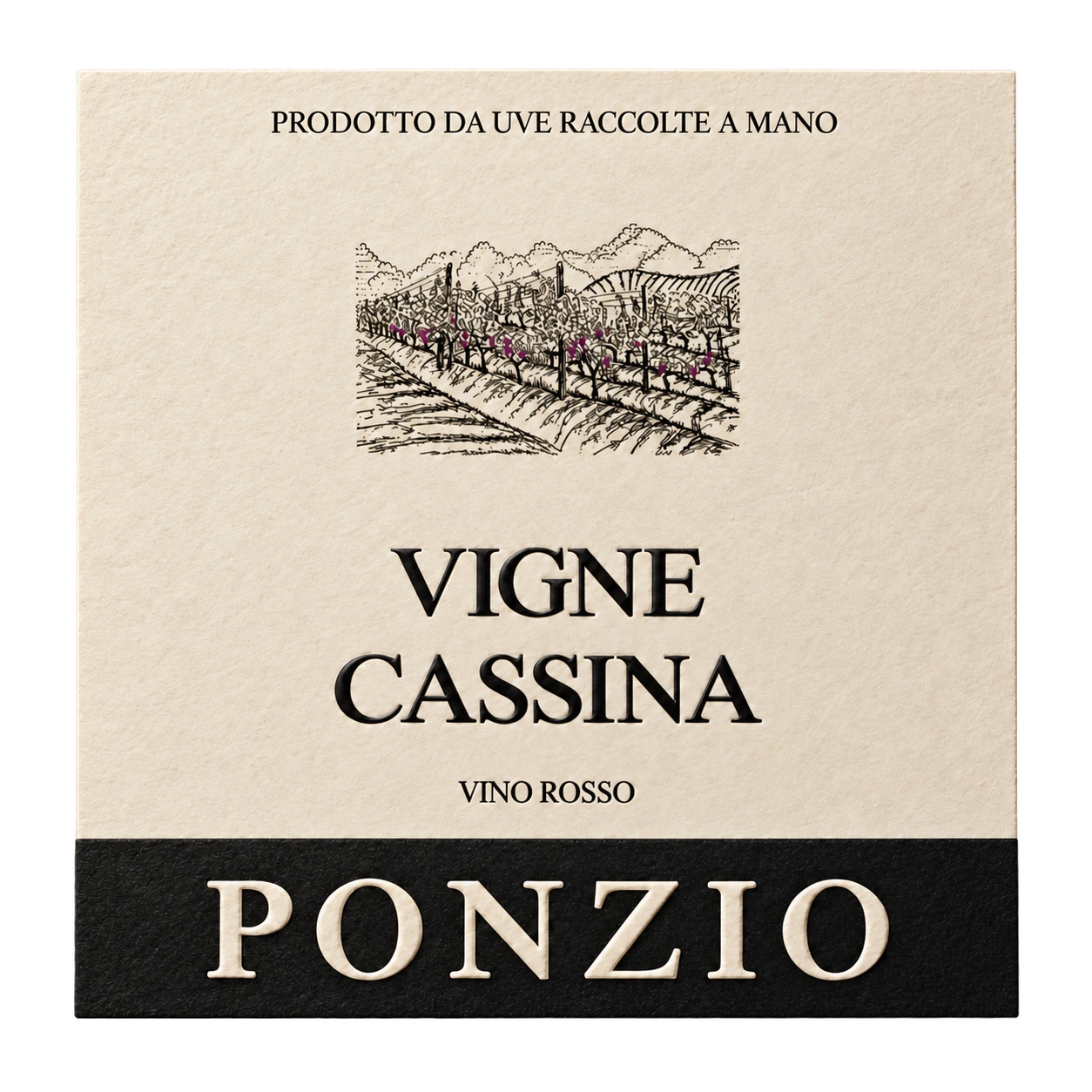 Vigne Cassina label with a vineyard illustration, the wine name and Ponzio branding